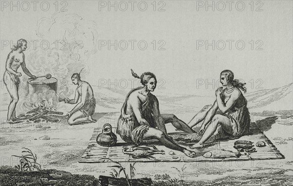 United States of America. 16th century French expedition. Florida. Seminoles Indians. Food and meal preparation. Jacques Le Moyne de Morgues (1533-1588) made the illustrations during the expedition. 19th century engraving after the original of Jacques Le Moyne. Panorama Universal. History of the United States of America, from 1st edition of Jean B.G. Roux de Rochelle's Etats-Unis d'Amérique in 1837. Spanish edition, printed in Barcelona, 1850.
