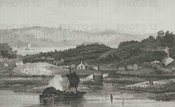 United States of America. Hudson River Palisades. Engraving by Milbert. Panorama Universal. History of the United States of America, from 1st edition of Jean B.G. Roux de Rochelle's Etats-Unis d'Amérique in 1837. Spanish edition, printed in Barcelona, 1850.