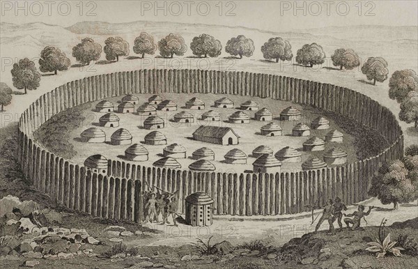History of the United States. 16th century French expedition. Florida. Timucua Indian tribe. Traditional architecture of the indigenous villages, with the installation of a defensive palisade. Jacques Le Moyne de Morgues (1533-1588) made the illustrations during the expedition. 19th century engraving by Vernier after the original of Jacques Le Moyne. Panorama Universal. History of the United States of America, from 1st edition of Jean B.G. Roux de Rochelle's Etats-Unis d'Amérique in 1837. Spanish edition, printed in Barcelona, 1850.