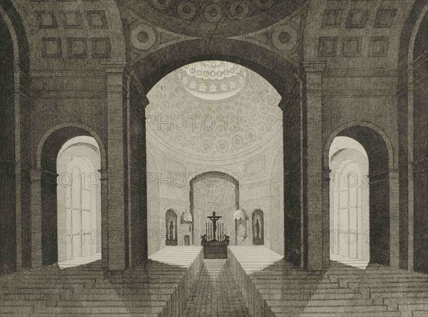 United States. Baltimore Catholic Cathedral. Interior of the temple. It was built from 1806 to 1821 by the architect Benjamin Henry Latrobe, the first great metropolitan cathedral constructed in the United States after the adoption of the Constitution. Engraving by Lefuel and Darau. Panorama Universal. History of the United States of America, from 1st edition of Jean B.G. Roux de Rochelle's Etats-Unis d'Amérique in 1837. Spanish edition, printed in Barcelona, 1850.