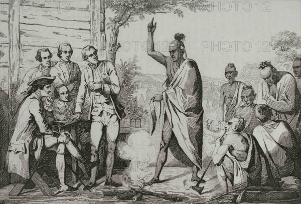 History of the United States of America. Native American council and conquistadors meeting around a fire. Engraving by Vernier. Panorama Universal. History of the United States of America, from 1st edition of Jean B.G. Roux de Rochelle's Etats-Unis d'Amérique in 1837. Spanish edition, printed in Barcelona, 1850.