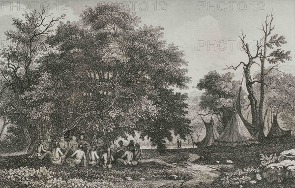 History of the United States of America. Florida. Council Forest. Native American Council meeting in the shade of the forest. Engraving by Hendrik Van der Burgh. Panorama Universal. History of the United States of America, from 1st edition of Jean B.G. Roux de Rochelle's Etats-Unis d'Amérique in 1837. Spanish edition, printed in Barcelona, 1850.