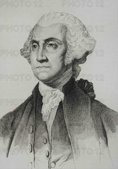 George Washington (1732-1799). First president of the United States (1789-1797). Commander-in-chief of the revolutionary Continental Army in the American War of Independence (1775-1783). Portrait. Engraving by Vernier. Panorama Universal. History of the United States of America, from 1st edition of Jean B.G. Roux de Rochelle's Etats-Unis d'Amérique in 1837. Spanish edition, printed in Barcelona, 1850.
