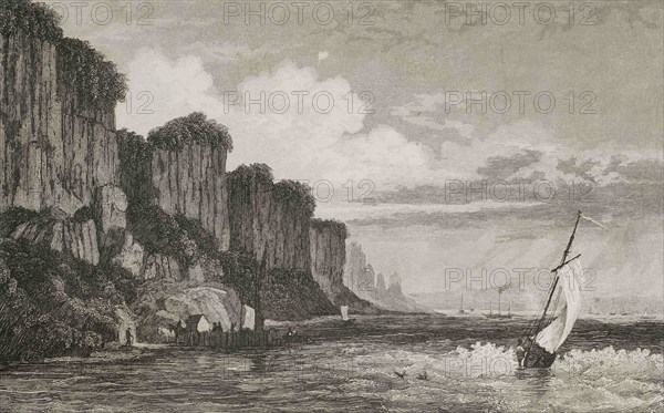The Palisade Rocks on the Hudson River. West Bank. New York. Raining in the background. Engraving. Panorama Universal. History of the United States of America, from 1st edition of Jean B.G. Roux de Rochelle's Etats-Unis d'Amérique in 1837. Spanish edition, printed in Barcelona, 1850.