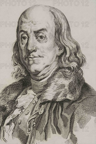 Benjamin Franklin (1706-1790) American scientist, inventor and politician. In 1776 he wrote, with Jefferson and John Adams, the Declaration of Independence of the United States of America. Engraving by Lemaitre. Panorama Universal. History of the United States of America, from 1st edition of Jean B.G. Roux de Rochelle's Etats-Unis d'Amérique in 1837. Spanish edition, printed in Barcelona, 1850.
