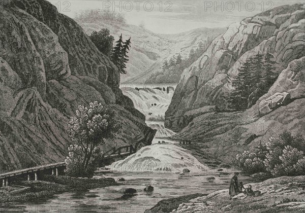 United States of America. Waterfalls at Mount Ida. Engraving by Milbert. Panorama Universal. History of the United States of America, from 1st edition of Jean B.G. Roux de Rochelle's Etats-Unis d'Amérique in 1837. Spanish edition, printed in Barcelona, 1850.