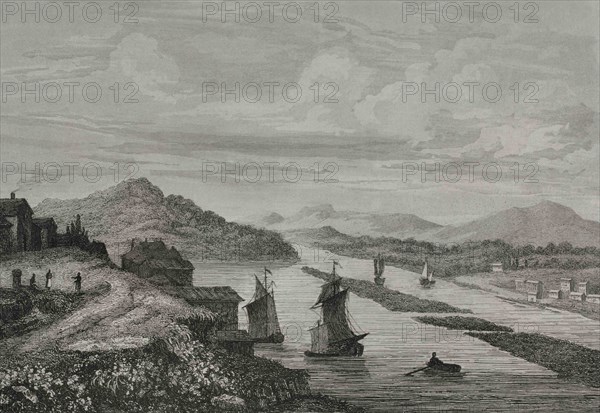 United States. View of the city of Hudson, from the north looking south. The Parade, now called Promenade Hill, appears in the left foreground. Engraving by Milbert. Panorama Universal. History of the United States of America, from 1st edition of Jean B.G. Roux de Rochelle's Etats-Unis d'Amérique in 1837. Spanish edition, printed in Barcelona, 1850.