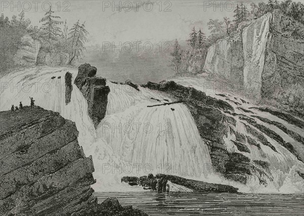 Adley Falls. Hudson river. State of New York. Engraving by Milbert. Panorama Universal. History of the United States of America, from 1st edition of Jean B.G. Roux de Rochelle's Etats-Unis d'Amérique in 1837. Spanish edition, printed in Barcelona, 1850.