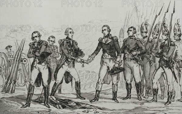 American Revolution. British General John Burgoyne's surrender after the Battlle of Saratoga on 17 October 1777. Engraving by Vernier. Panorama Universal. History of the United States of America, from 1st edition of Jean B.G. Roux de Rochelle's Etats-Unis d'Amérique in 1837. Spanish edition, printed in Barcelona, 1850.