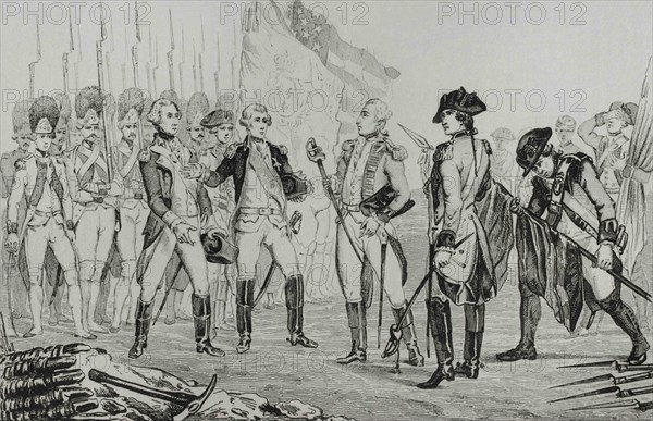 War of Independence of the United States of America. British General Cornwallis (1738-1805) surrender after Battle of Yorktown, Virginia, on October 19, 1781. American army defeated the British. General Cornwallis surrendered his troops. Pleading illness, Cornwallis did not attend the surrender ceremony, but his second-in-command, General Charles O’Hara, carried Cornwallis’ sword to the American and French commanders. Engraving by Vernier. Panorama Universal. History of the United States of America, from 1st edition of Jean B.G. Roux de Rochelle's Etats-Unis d'Amérique in 1837. Spanish edition, printed in Barcelona, 1850.