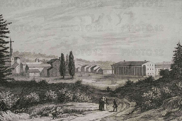 United States. View of Saratoga city. Engraving by Milbert. Panorama Universal. History of the United States of America, from 1st edition of Jean B.G. Roux de Rochelle's Etats-Unis d'Amérique in 1837. Spanish edition, printed in Barcelona, 1850.