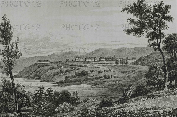 View of West Point. The United States Military West Point. Washington selected Thaddeus Kosciuszko, one of the heroes of Saratoga, to design the fortifications for West Point in 1778. President Thomas Jefferson established the United States Military Academy in 1802, by the Hudson River, north of New York. Engraving by Milbert. Panorama Universal. History of the United States of America, from 1st edition of Jean B.G. Roux de Rochelle's Etats-Unis d'Amérique in 1837. Spanish edition, printed in Barcelona, 1850.