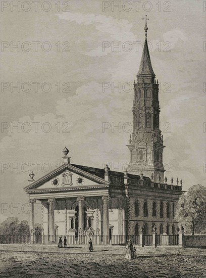 New York. St. Paul's Chapel in Manhattan. Built in 1763. Engraving by Arnout. Panorama Universal. History of the United States of America, from 1st edition of Jean B.G. Roux de Rochelle's Etats-Unis d'Amérique in 1837. Spanish edition, printed in Barcelona, 1850.