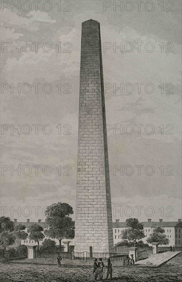 United States, Boston. The Monument at Bunker Hill. It consists of an obelisk built between 1827 and 1843 to commemorate the Battle of Bunker Hill, during the American War of Independence, between British troops and American Patriots on June 17, 1775. Engraving by Arnout. Panorama Universal. History of the United States of America, from 1st edition of Jean B.G. Roux de Rochelle's Etats-Unis d'Amérique in 1837. Spanish edition, printed in Barcelona, 1850.