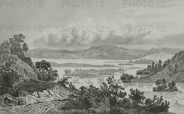 United States. Mississippi flood. Engraving by Danvin. Panorama Universal. History of the United States of America, from 1st edition of Jean B.G. Roux de Rochelle's Etats-Unis d'Amérique in 1837. Spanish edition, printed in Barcelona, 1850.