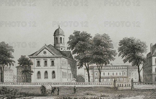 United States. Harvard University in Cambridge, Massachusetts, near Boston. Established in 1636, Harvard is the oldest institution of higher education in the United States. Engraving by Fleury. Panorama Universal. History of the United States of America, from 1st edition of Jean B.G. Roux de Rochelle's Etats-Unis d'Amérique in 1837. Spanish edition, printed in Barcelona, 1850.