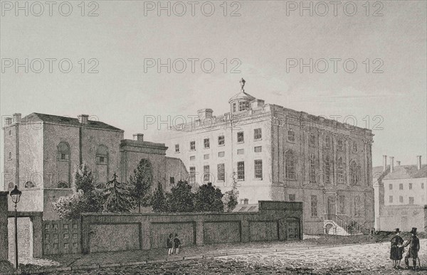 United States. University of Pennsylvania, in Philadelphia. The University occupied the "President's House", built in 1790, from 1801 until 1829. It was demolished in 1829 and two new University buildings were erected on the same place. President's House viewed from the southeast, with 1806-1807 Medical Departament wing (at left). Engraving. Panorama Universal. History of the United States of America, from 1st edition of Jean B.G. Roux de Rochelle's Etats-Unis d'Amérique in 1837. Spanish edition, printed in Barcelona, 1850.