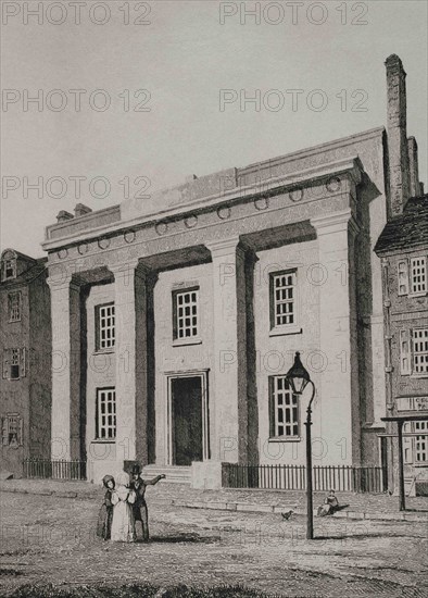 United States, Pennsylvania, Philadelphia. The Franklin Institute. Founded in 1824, originally housed in Independence Hall. It soon was moved to the east side of 7th street into the building depicted in this engraving. In the 1930's the Institute moved to its current location and this building became the home of the Atwater Kent Museum, at present "The Philadelphia History Museum". Engraving by Traversier. Panorama Universal. History of the United States of America, from 1st edition of Jean B.G. Roux de Rochelle's Etats-Unis d'Amérique in 1837. Spanish edition, printed in Barcelona, 1850.