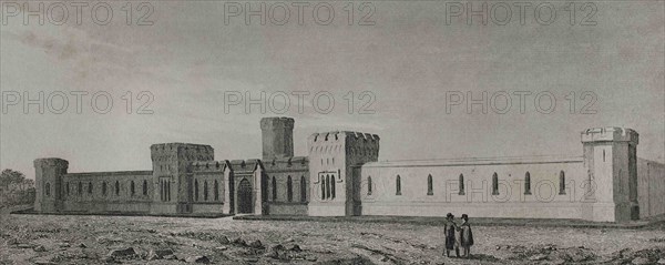 United States, Pennsylvania, Philadelphia. The State Penitentiary. It was built between 1823-1836 after the designs of the architect John Haviland (1792-1852) and opened in an unfinished state in 1829. Engraving by Traversier. Panorama Universal. History of the United States of America, from 1st edition of Jean B.G. Roux de Rochelle's Etats-Unis d'Amérique in 1837. Spanish edition, printed in Barcelona, 1850.