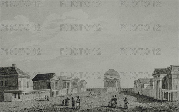 United States, Virginia, Charlottesviile. The University of Virginia. It was founded in 1819 by the United States Declaration of Independence. Panoramic of the Academical Village depicted as it looked in the mid-1820s, after the Rotunda, faculty pavilions and student rooms had been completed. Engraving by Traversier. Panorama Universal. History of the United States of America, from 1st edition of Jean B.G. Roux de Rochelle's Etats-Unis d'Amérique in 1837. Spanish edition, printed in Barcelona, 1850.
