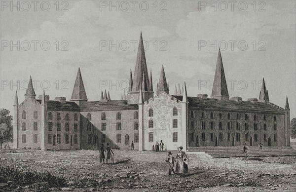 United States, Ohio, Gambier. Old Kenyon at Kenyon College. It was founded by Bishop Philander Chase in 1824. Old Kenyon, the oldest building on campus (1827-1836), designed by Reverend Norman Nash and Bishop Chase. Considered as the earliest example of Collegiate Gothic in the United States. Campus of Kenyon. Engraving by Traversier. Panorama Universal. History of the United States of America, from 1st edition of Jean B.G. Roux de Rochelle's Etats-Unis d'Amérique in 1837. Spanish edition, printed in Barcelona, 1850.