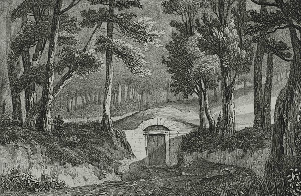 United States of America. George Washington's tomb. Mount Vernon, Virginia. Engraving by Danvin. Panorama Universal. History of the United States of America, from 1st edition of Jean B.G. Roux de Rochelle's Etats-Unis d'Amérique in 1837. Spanish edition, printed in Barcelona, 1850.