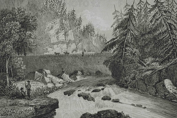 United States, New York State. Little Falls. Mohawk River valley rapids and rocks. A canal was constructed around the rapids about 1795. Engraving by Milbert. Panorama Universal. History of the United States of America, from 1st edition of Jean B.G. Roux de Rochelle's Etats-Unis d'Amérique in 1837. Spanish edition, printed in Barcelona, 1850.