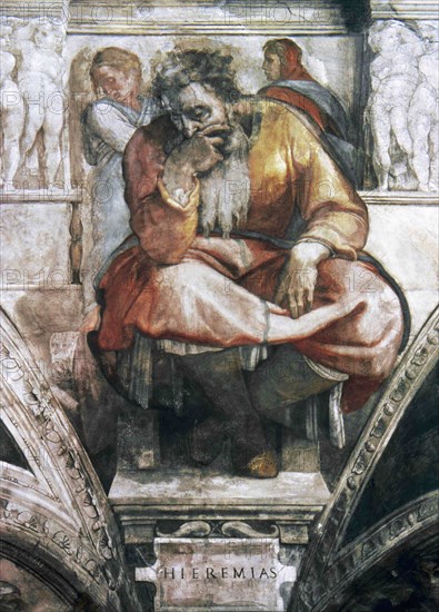 Michelangelo (1475-1564). Prophet Jeremiah. Detail of a fresco (1508-1512) on the Sistine Chapel ceiling. St. Peter's Basilica. Vatican City. Image taken by 1999, before the last restoration.