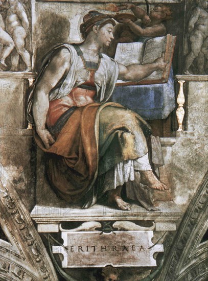 Michelangelo (1475-1564). The Erythraean Sibyl. Prophetess of classical antiquity. Detail of a fresco (1508-1512) on the Sistine Chapel ceiling. St. Peter's Basilica. Vatican City. Image taken by 1999, before the last restoration.