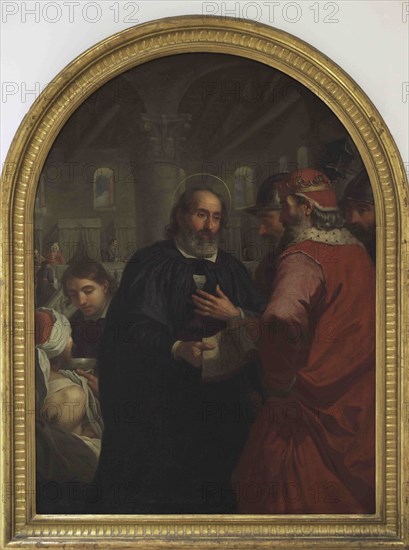 Antoine de Favray (1706-1792). French painter. The Blessed Gerard receiving Godfrey of Bouillon. An episode from the history of the Order of Saint John, 1757. The scene takes place inside the Hospital (the Sacra Infermeria) of the Order where the Knights are tending the sick. National Museum of Fine Arts. Valletta. Malta.
