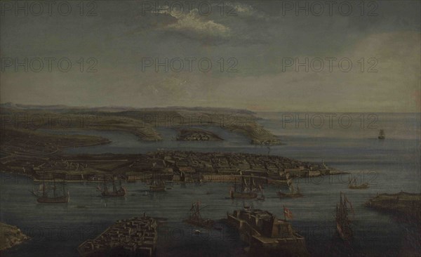 Attributed to Giuseppe Caloriti (1681-ca.1740). Italian painter. View of Valletta, the Grand and Marsamxett Harbours, ca.1733. Depiction of the extensive panoramic view of Valletta and its two harbours. At the foreplane are the three cities with Senglea, Fort Saint Angelo and Fort Ricasoli. In the middle distance are Valletta and Floriana, and at the furthest distance, Marsamexetto Harbour, Manoel island with Fort Manoel and Sliema. National Museum of Fine Arts. Valletta. Malta.