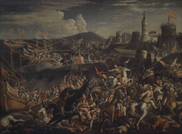 A Mediterranean city besieged by the Ottomans. Unknown artist. Oil on canvas. National Museum of Fine Arts. Valletta. Malta.