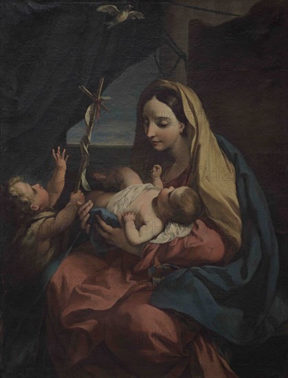 Carlo Maratta (1625-1713). Italian Baroque painter. Madonna and Child with infant Saint John. Oil on canvas. The seated Madonna holds Baby Jesus in her arms, with the infant Saint John the Baptist nearby. National Museum of Fine Arts. Valletta. Malta.