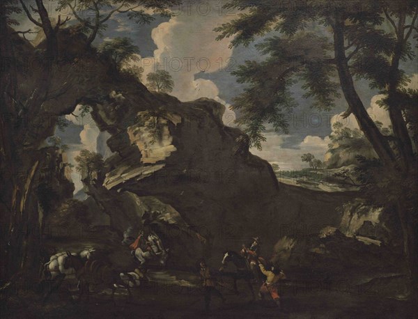 Nordic follower of Salvator Rosa (1615-1673). Landscape with bandits. Oil on canvas. Men on horseback travelling with their mules are being assaulted by outlaws. National Museum of Fine Arts. Valletta. Malta.