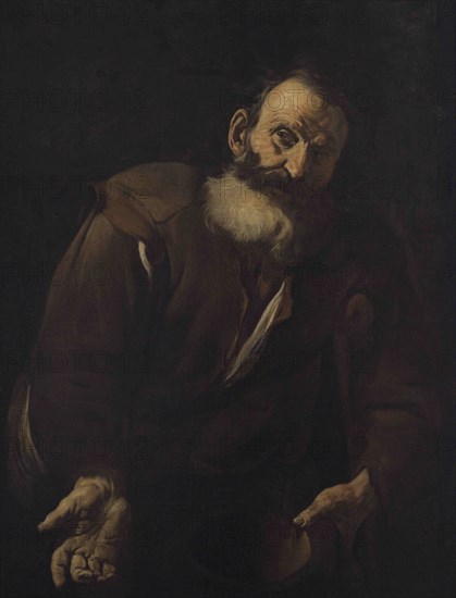 Giacomo Francesco Cipper, called Il Todeschini (1664-1736). Austrian painter. A beggar. Oil on canvas. Depiction of a bearded old beggar leaning over a crutch, with a hat in his hand begging for food or money. National Museum of Fine Arts. Valletta. Malta.