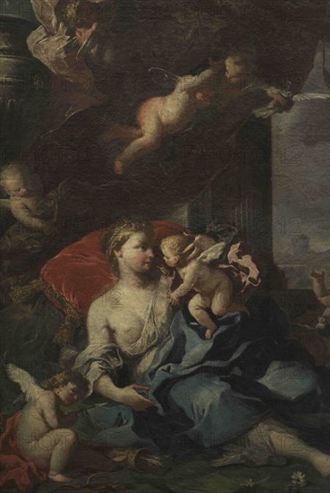 Attributed to Filippo Falciatore (active between 1728 and 1768). Allegory of Love. The Goddess of love Venus, dressed in sumptuous draperies, reclines amidst a company of playful putti. Oil on canvas. Detail. National Museum of Fine Arts. Valletta. Malta.