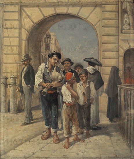 Girolamo Gianni (1837-1895). Italian painter. Street musicians in traditional Maltese costume, 1891. Oil on panel. National Museum of Fine Arts. Valletta. Malta.