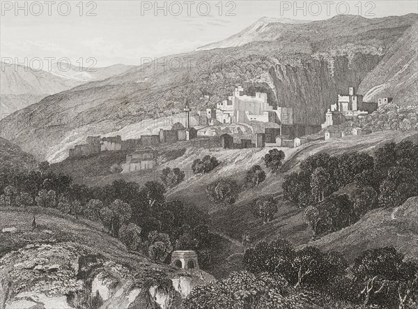 Nazareth. General view of the city. Engraving by Aubert. ""La Tierra Santa y los lugares recorridos por los profetas, por los apostoles y por los cruzados"" (The Holy Land and the sites traversed by the prophets, by the apostles and by the crusaders). Published in Barcelona by the printing house of Joaquin Verdaguer, 1840.