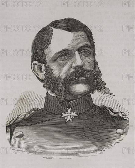 Theophil von Podbielski (1814-1879). General of the Prussian Army. Portrait. Engraving. ""Historia de la Guerra de Francia y Prusia"" (History of the War between France and Prussia). Volume II. Published in Barcelona, 1871.