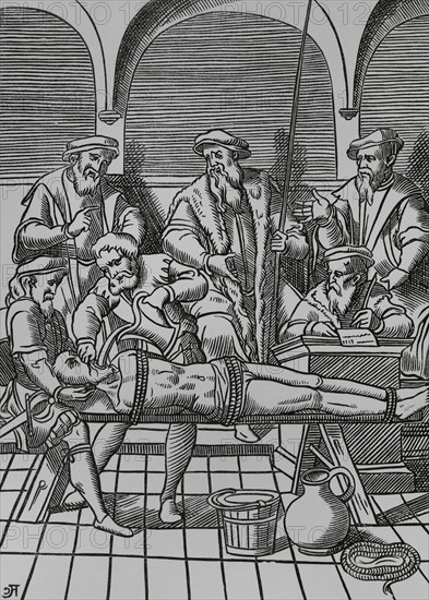 The Water Torture. The prisoner was tied with ropes to a sloping ladder or surface so that his head was lower than his feet. In this position, a cloth was forced down into his mouth, and water was slowly poured down his throat with a pitcher so that he swallowed it until it burst. Facsimile of an engraving from ""Praxis Rerum Criminalium"", by J. Damhouder"". Antwerp, 1556. ""Moeurs, usages et costumes au moyen-age et a l'epoque de la Renaissance"", by Paul Lacroix. Paris, 1878.
