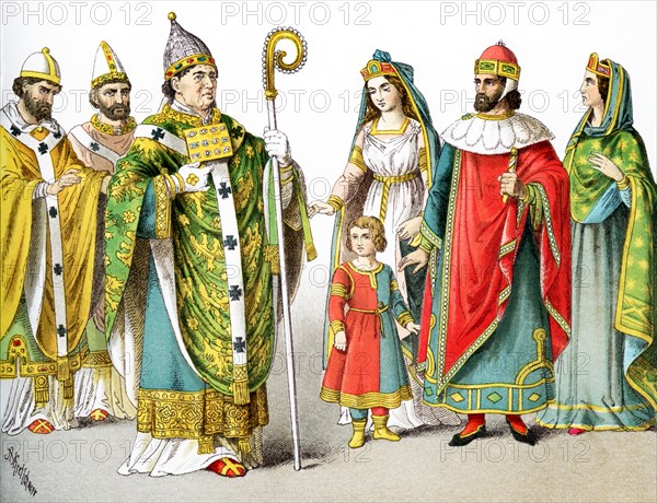 The figures pictured here represent Roman Catholic popes and Venetian nobles around A.D. 1200. They are, from left to right: pope in 1000, pope in 1100, pope in 1200, a Venetian lady of rank with a young boy, a doge of Venice, a Venetian lady of rank. The illustration dates to 1882.