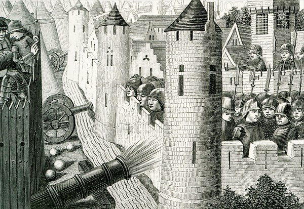 This illustration is from a book printed in France and dates to the 15th century. The caption translates: Salisbury, stationed on the second story of the fortress of Tourelles in the preparation for the siege on Orleans is fatally injured by a ball shard.