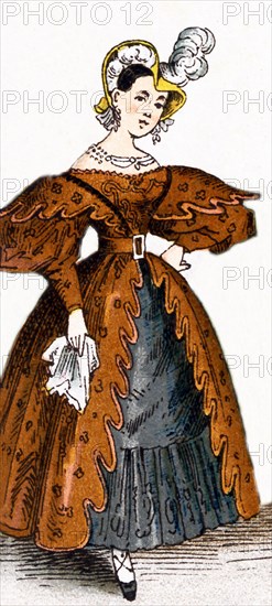 The German lady pictured here represents German fashions during the years 1834 to 1881. The illustration dates to 1882.