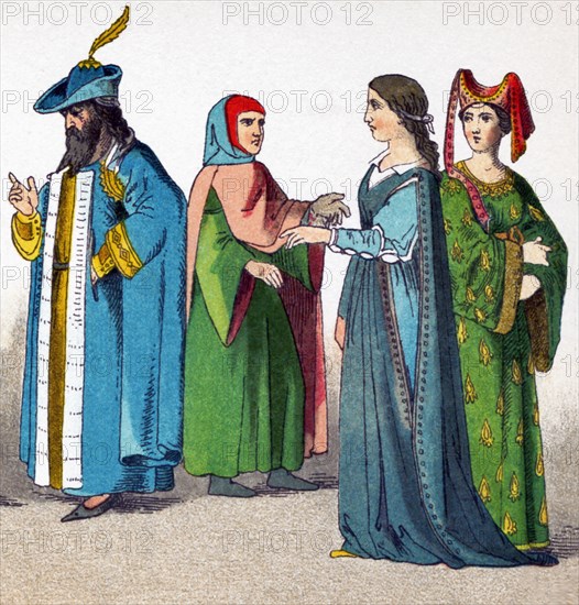 The Italians pictured here date to A.D. 1300 and are, from left to right: man of rank, magistrate; two women of rank.