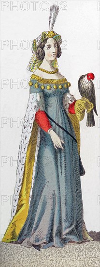 The figure represented here is German lady of rank between A.D. 1450 and 1500. She is holding a falcon. The illustration dates to 1882.