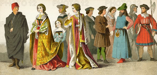 The figures pictured here represent Spanish in the 1400s. They are, from left to right: King Henry IV (died 1474), Princess and attendant, knight, princess, Ferdinand the Catholic, man of rank, lady of the court, man of rank, knight, soldier. The illustration dates to 1882.