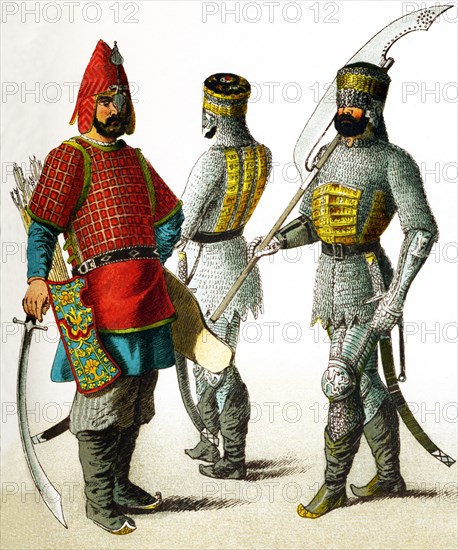 The figures here represent Slavonic warriors in A.D. 1400. They are, from left to right: three Russian warriors. The illustration dates to 1882.