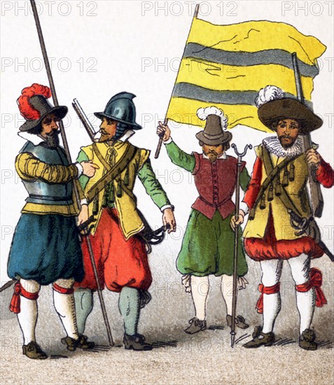 The figures here represent military men from the lands that today comprise Germany. The costumes date to A.D. 1600. From left to right, they are: two dragoons, a standard bearer, and a musketeer. This illustration dates to 1882. .