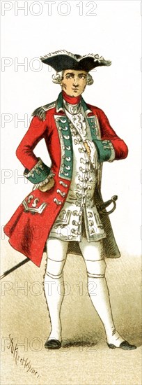 The figure pictured here represents an officer of the Swiss Guard around 1700. The illustration dates to 1882.