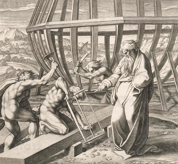 Noah's sons build the ark, According to the biblical book of Genesis, Noah's ark was a buoyant box built by the patriarch Noah, Illustration from 1626, Historic, digitally restored reproduction from an original of the time.